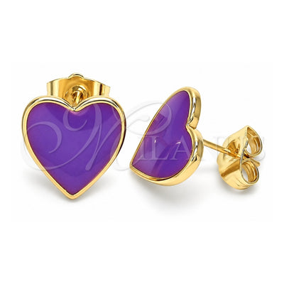 Oro Laminado Stud Earring, Gold Filled Style Heart Design, Purple Enamel Finish, Golden Finish, 02.213.0218.3
