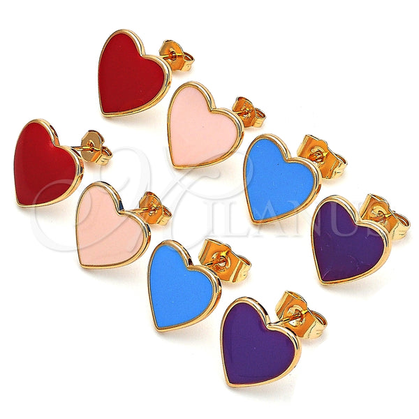 Oro Laminado Stud Earring, Gold Filled Style Heart Design, Purple Enamel Finish, Golden Finish, 02.213.0218.3