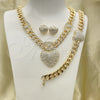 Oro Laminado Necklace, Bracelet and Earring, Gold Filled Style Heart and Miami Cuban Design, with White Crystal, Polished, Golden Finish, 06.372.0030