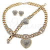 Oro Laminado Necklace, Bracelet and Earring, Gold Filled Style Heart and Miami Cuban Design, with White Crystal, Polished, Golden Finish, 06.372.0030
