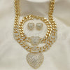 Oro Laminado Necklace, Bracelet and Earring, Gold Filled Style Heart and Miami Cuban Design, with White Crystal, Polished, Golden Finish, 06.372.0030