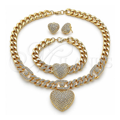 Oro Laminado Necklace, Bracelet and Earring, Gold Filled Style Heart and Miami Cuban Design, with White Crystal, Polished, Golden Finish, 06.372.0030