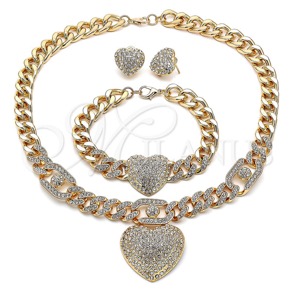 Oro Laminado Necklace, Bracelet and Earring, Gold Filled Style Heart and Miami Cuban Design, with White Crystal, Polished, Golden Finish, 06.372.0030