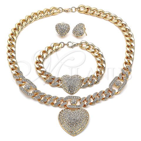 Oro Laminado Necklace, Bracelet and Earring, Gold Filled Style Heart and Miami Cuban Design, with White Crystal, Polished, Golden Finish, 06.372.0030