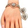 Oro Laminado Necklace, Bracelet and Earring, Gold Filled Style Heart and Miami Cuban Design, with White Crystal, Polished, Golden Finish, 06.372.0031