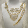 Oro Laminado Necklace, Bracelet and Earring, Gold Filled Style Heart and Miami Cuban Design, with White Crystal, Polished, Golden Finish, 06.372.0031