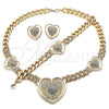 Oro Laminado Necklace, Bracelet and Earring, Gold Filled Style Heart and Miami Cuban Design, with White Crystal, Polished, Golden Finish, 06.372.0031