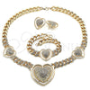 Oro Laminado Necklace, Bracelet and Earring, Gold Filled Style Heart and Miami Cuban Design, with White Crystal, Polished, Golden Finish, 06.372.0031
