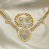Oro Laminado Necklace, Bracelet and Earring, Gold Filled Style Heart and Miami Cuban Design, with White Crystal, Polished, Golden Finish, 06.372.0031