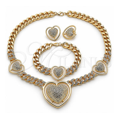 Oro Laminado Necklace, Bracelet and Earring, Gold Filled Style Heart and Miami Cuban Design, with White Crystal, Polished, Golden Finish, 06.372.0031