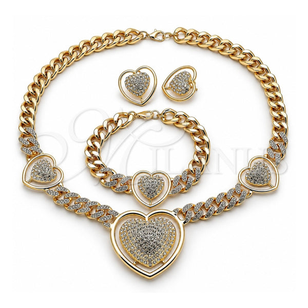Oro Laminado Necklace, Bracelet and Earring, Gold Filled Style Heart and Miami Cuban Design, with White Crystal, Polished, Golden Finish, 06.372.0031