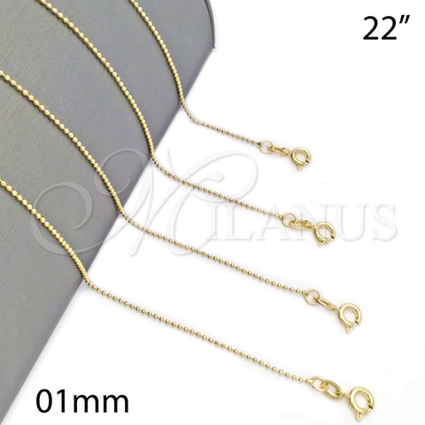 Oro Laminado Basic Necklace, Gold Filled Style Ball Design, Polished, Golden Finish, 04.58.0007.22 (01 MM Thickness, 22 Inches Length)