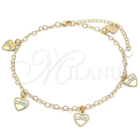 Oro Laminado Charm Anklet , Gold Filled Style Heart and Love Design, Polished, Golden Finish, 03.63.2202.10 (03 MM Thickness, 10 Inches Length)