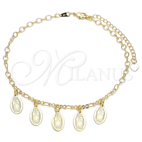 Oro Laminado Charm Anklet , Gold Filled Style Guadalupe Design, Polished, Golden Finish, 03.63.2206.10 (04 MM Thickness, 10 Inches Length)