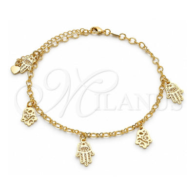 Oro Laminado Charm Anklet , Gold Filled Style Hand of God and Judaica Design, Polished, Golden Finish, 03.63.2207.10 (04 MM Thickness, 10 Inches Length)