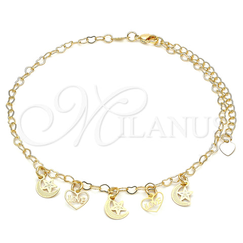Oro Laminado Charm Anklet , Gold Filled Style Star and Moon Design, Polished, Golden Finish, 03.63.2208.10 (03 MM Thickness, 10 Inches Length)