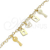 Oro Laminado Charm Anklet , Gold Filled Style Heart and Love Design, Polished, Golden Finish, 03.63.2209.10 (03 MM Thickness, 10 Inches Length)