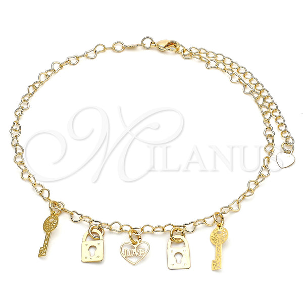 Gold Filled Anklet — Charm Anklet Heart and Love Design Polished 03.63. — main product view — SKU 141167 | Oro Laminado tobillera — Charm Anklet corazón and Love diseño pulido 03.63. — SKU 141167