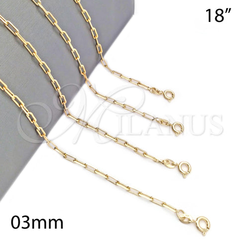 Oro Laminado Basic Necklace, Gold Filled Style Paperclip Design, Polished, Golden Finish, 04.58.0011.18 (100 Gauge, 03 MM Thickness, 18 Inches Length)