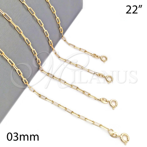 Oro Laminado Basic Necklace, Gold Filled Style Paperclip Design, Polished, Golden Finish, 04.58.0011.22 (100 Gauge, 03 MM Thickness, 22 Inches Length)