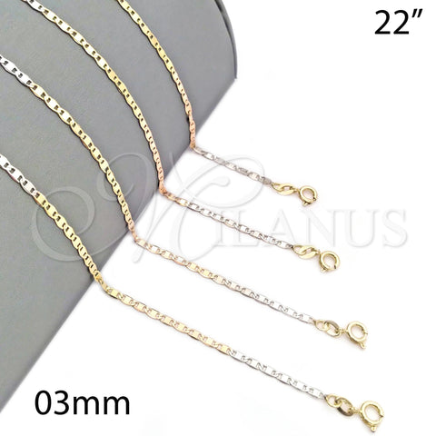 Oro Laminado Basic Necklace, Gold Filled Style Polished, Tricolor, 04.58.0016.22 (0.80 Gauge, 03 MM Thickness, 22 Inches Length)