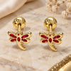 Oro Laminado Stud Earring, Gold Filled Style Dragon-Fly Design, Red Enamel Finish, Golden Finish, 02.58.0008
