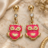Oro Laminado Stud Earring, Gold Filled Style with White Cubic Zirconia, Pink Enamel Finish, Golden Finish, 02.58.0012