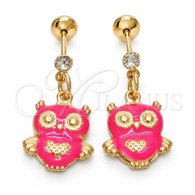 Oro Laminado Stud Earring, Gold Filled Style with White Cubic Zirconia, Pink Enamel Finish, Golden Finish, 02.58.0012
