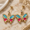 Oro Laminado Stud Earring, Gold Filled Style with White Cubic Zirconia, Turquoise Enamel Finish, Golden Finish, 02.58.0013