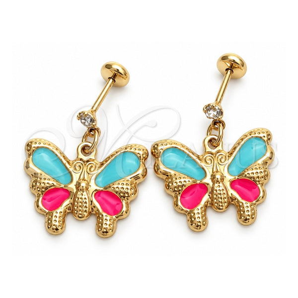 Oro Laminado Stud Earring, Gold Filled Style with White Cubic Zirconia, Turquoise Enamel Finish, Golden Finish, 02.58.0013