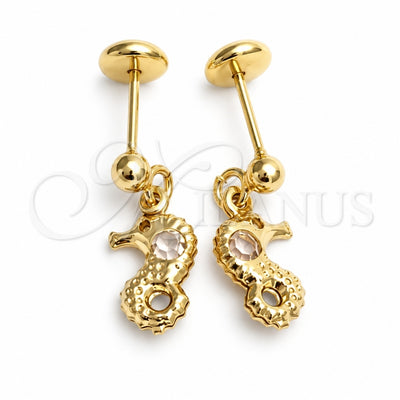 Oro Laminado Stud Earring, Gold Filled Style Seahorse Design, with White Crystal, Turquoise Polished, Golden Finish, 02.58.0018