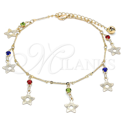 Oro Laminado Charm Anklet , Gold Filled Style Star and Rattle Charm Design, with Multicolor Crystal, Polished, Golden Finish, 03.213.0105.1.10 (01 MM Thickness, 10 Inches Length)