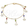 Oro Laminado Charm Anklet , Gold Filled Style Star and Rattle Charm Design, with Multicolor Crystal, Polished, Golden Finish, 03.213.0105.1.10 (01 MM Thickness, 10 Inches Length)