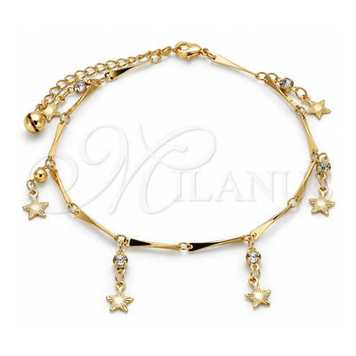 Oro Laminado Charm Anklet , Gold Filled Style Star and Rattle Charm Design, with White Crystal, Polished, Golden Finish, 03.213.0106.10 (01 MM Thickness, 10 Inches Length)