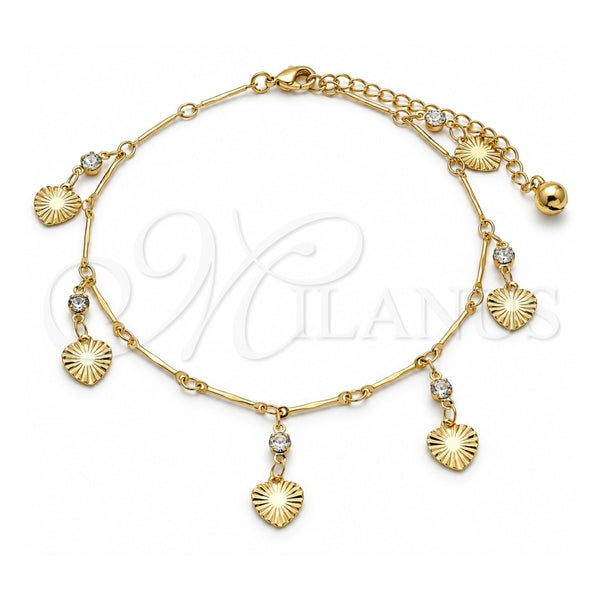 Oro Laminado Charm Anklet , Gold Filled Style Heart and Rattle Charm Design, with White Crystal, Polished, Golden Finish, 03.213.0107.10 (01 MM Thickness, 10 Inches Length)