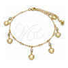 Oro Laminado Charm Anklet , Gold Filled Style Heart and Rattle Charm Design, with White Crystal, Polished, Golden Finish, 03.213.0107.10 (01 MM Thickness, 10 Inches Length)