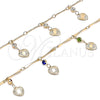 Oro Laminado Charm Anklet , Gold Filled Style Heart and Rattle Charm Design, with White Crystal, Polished, Golden Finish, 03.213.0107.10 (01 MM Thickness, 10 Inches Length)