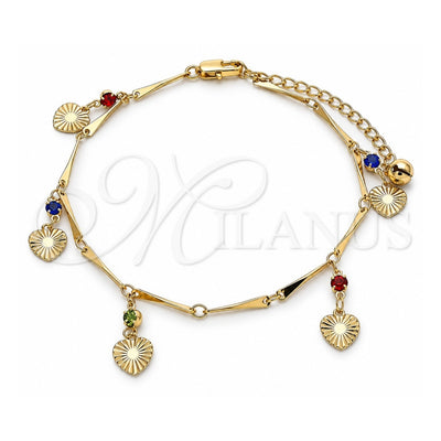 Oro Laminado Charm Anklet , Gold Filled Style Heart and Rattle Charm Design, with Multicolor Crystal, Polished, Golden Finish, 03.213.0107.1.10 (01 MM Thickness, 10 Inches Length)