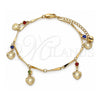 Oro Laminado Charm Anklet , Gold Filled Style Heart and Rattle Charm Design, with Multicolor Crystal, Polished, Golden Finish, 03.213.0107.1.10 (01 MM Thickness, 10 Inches Length)