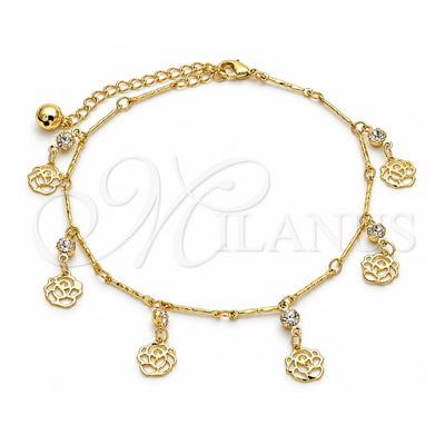 Oro Laminado Charm Anklet , Gold Filled Style Flower and Rattle Charm Design, with White Crystal, Polished, Golden Finish, 03.213.0108.10 (01 MM Thickness, 10 Inches Length)