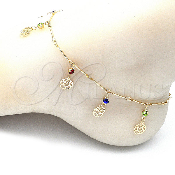 Gold Filled Anklet — Charm Anklet Flower and Rattle Charm Design with — alternate product view — SKU 141226 | Oro Laminado tobillera — Charm Anklet flor and Rattle Charm diseño with — SKU 141226