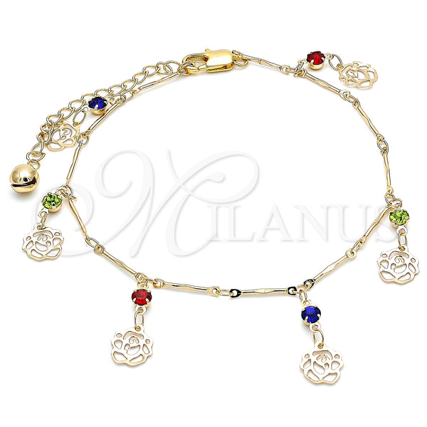 Gold Filled Anklet — Charm Anklet Flower and Rattle Charm Design with — main product view — SKU 141226 | Oro Laminado tobillera — Charm Anklet flor and Rattle Charm diseño with — SKU 141226