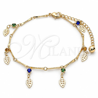 Oro Laminado Charm Anklet , Gold Filled Style Leaf and Rattle Charm Design, with Multicolor Crystal, Polished, Golden Finish, 03.213.0109.10 (01 MM Thickness, 10 Inches Length)