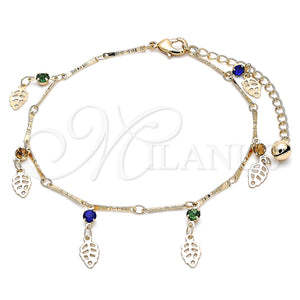 Gold Filled Anklet — Charm Anklet Leaf and Rattle Charm Design with — main product view — SKU 141227 | Oro Laminado tobillera — Charm Anklet Leaf and Rattle Charm diseño with — SKU 141227