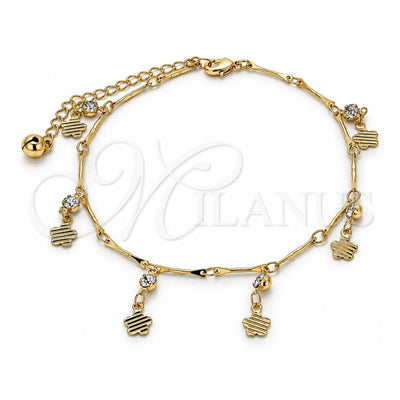 Oro Laminado Charm Anklet , Gold Filled Style Flower and Rattle Charm Design, with White Crystal, Polished, Golden Finish, 03.213.0110.10 (01 MM Thickness, 10 Inches Length)