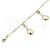 Oro Laminado Charm Anklet , Gold Filled Style Teardrop and Rattle Charm Design, with White Crystal, Polished, Golden Finish, 03.213.0112.10 (01 MM Thickness, 10 Inches Length)