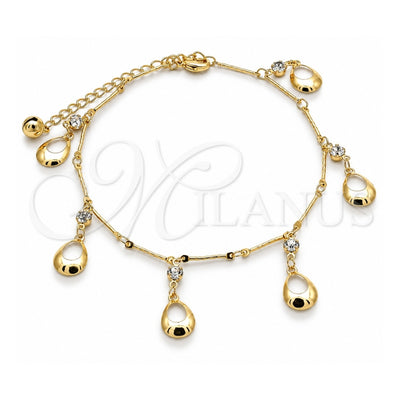 Oro Laminado Charm Anklet , Gold Filled Style Teardrop and Rattle Charm Design, with White Crystal, Polished, Golden Finish, 03.213.0112.10 (01 MM Thickness, 10 Inches Length)