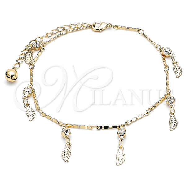 Gold Filled Anklet — Charm Anklet Leaf and Rattle Charm Design with — main product view — SKU 141231 | Oro Laminado tobillera — Charm Anklet Leaf and Rattle Charm diseño with — SKU 141231