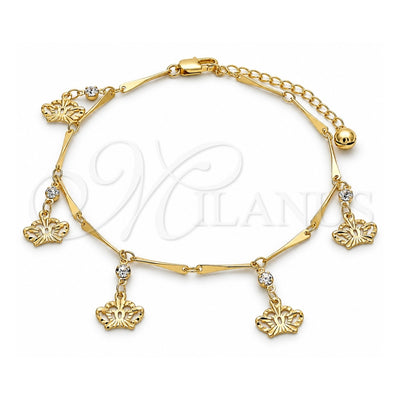 Oro Laminado Charm Anklet , Gold Filled Style Crown and Rattle Charm Design, with White Crystal, Polished, Golden Finish, 03.213.0115.10 (01 MM Thickness, 10 Inches Length)
