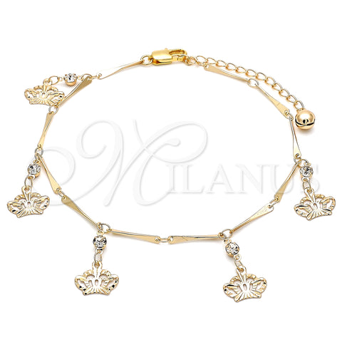 Oro Laminado Charm Anklet , Gold Filled Style Crown and Rattle Charm Design, with White Crystal, Polished, Golden Finish, 03.213.0115.10 (01 MM Thickness, 10 Inches Length)